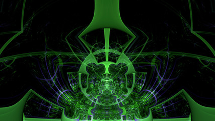Abstract fractal background made out of intricate pattern of interconnected rings, arches and geometric patterns in glowing green, violet