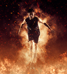 Man running on fire background