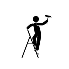  man stands on a stepladder and paints a wall with a roller, sticks figure isolated pictogram, man icon