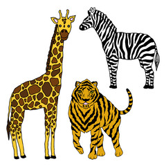 set wildlife animal giraffe tiger zebra vector illustration design hand drawing