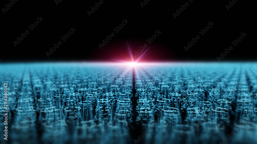 Poster 3d rendering of abstract digital data concept. buildings created from glowing colorful dots and line