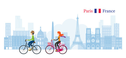 Couple Cycling with Paris France Skyline Background