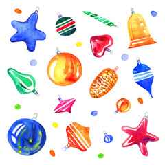 Christmas tree toys. Hand drawn sketch watercolor set of New Year decorations