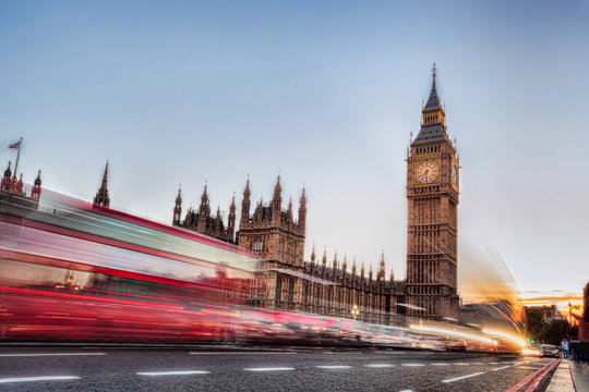 Big Ben With Traffic Jam In The Evening, London, United Kingdom