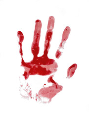 Bloody hand print, isolated on white. Female.