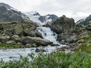 beautiful mountain meadow with beautiful and colorful flowers, glacial lake and mountains