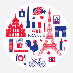 Paris, France Landmarks and Travel Objects Label