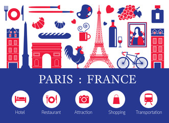 Paris, France Landmarks and Travel Objects with Accommodation Icons