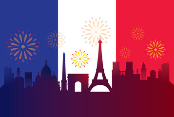 France Flag with Landmarks Skyline Celebration Background