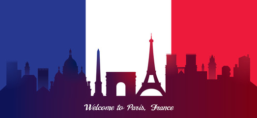 France Flag with Landmarks Skyline Background