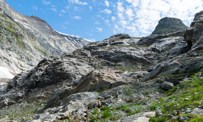 view of mountains and glaciers, lots of rocks