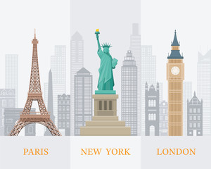 Eiffel Tower Paris, Statue of Liberty New York, Big Ben London, Landmarks Background