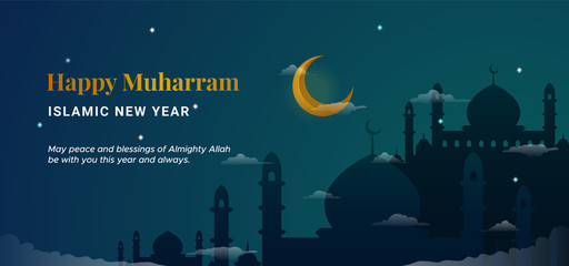 Happy muharram islamic new hijri year background. Holy great mosque silhouette with crescent moon at night scene vector illustration. Muslim community festival backdrop banner template design.