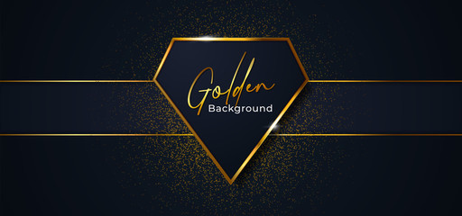 Luxury diamond shape golden badge frame vector illustration. Dark blue background with ribbon and glitter effect ornament.