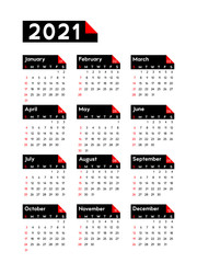 calendar 2021, week starts on Sunday, basic business template. vector illustration