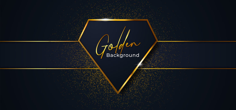 Luxury diamond shape golden badge frame vector illustration. Dark blue background with ribbon and glitter effect ornament.