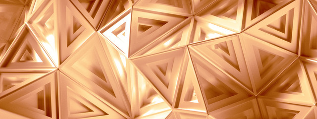 Golden background with crystals, triangles. 3d illustration, 3d rendering.