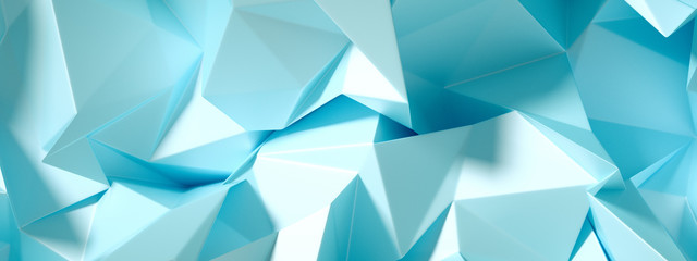 Blue, turquoise background with crystals, triangles. 3d illustration, 3d rendering.