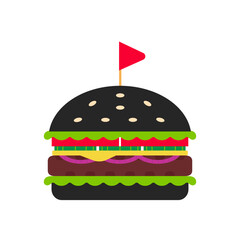 tasty burger with black bun flat illustration isolated on white background