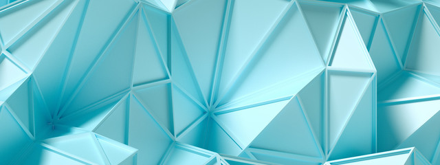 Blue, turquoise background with crystals, triangles. 3d illustration, 3d rendering.