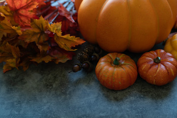Thanksgiving background with pumpkins, flowers and scarecrow on a grey cement background.