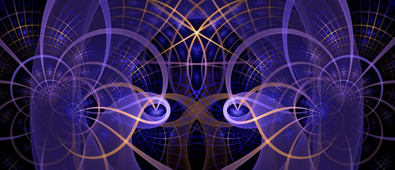 Abstract fractal background made out of interconnected spirals in shining purple and yellow