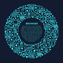 Browser concept in circle with thin line neon icons: add-ons, extension, customize browser, sync between devices, bookmark, private, ad block, password manager, surfing internet. Vector illustration.