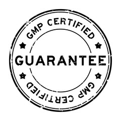 Grunge black GMP (Good manufacturing practice) certified guarantee word round rubber seal stamp on white background