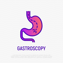 Gastroscopy thin line icon: endoscope in stomach. Medical test. Modern vector illustration.