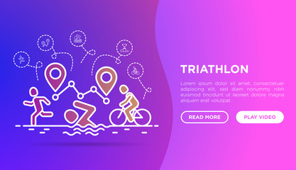 Triathlon web page template with thin line icons: runner, swimmer, cyclist and route with pointers. Modern vector illustration for sport competition.