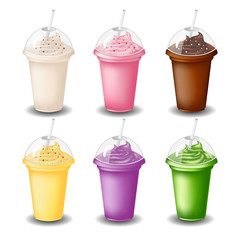 Milk shake set of vector vanilla, chocolate, strawberries, banana, blueberries, kiwi on white background
