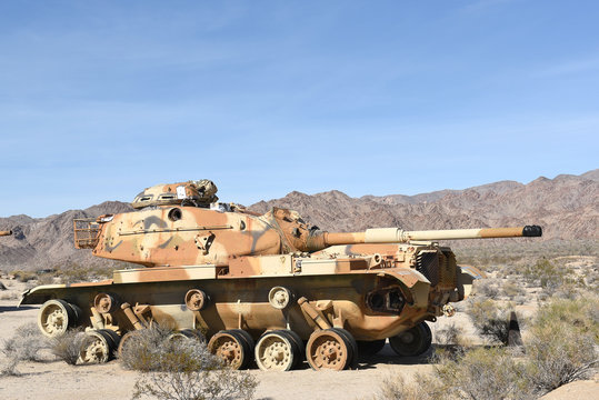 CHIRIACO SUMMIT, CA - DECEMBER 10, 2016: An M60 Tank. The derelict vehicle is on display at the General Patton Memorial Museum in the California desert.