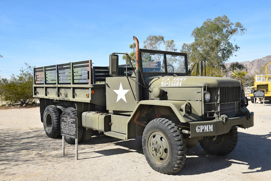 CHIRIACO SUMMIT, CA - DECEMBER 10, 2016: A M35 2½-ton cargo truck. The vehicle also known as, Deuce and a Half, is on display at the General Patton Memorial Museum in the California desert.