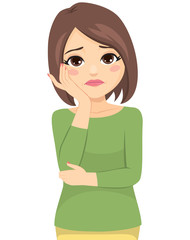 Worried middle aged woman doubting thinking problem