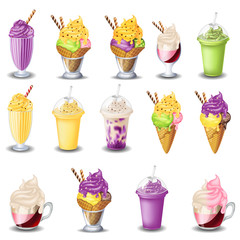 Set of fruit ice cream, milk shake. On white background