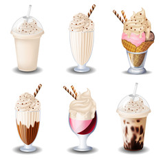 set of vanilla desserts and drinks. Cupcake, milkshakes, ice cream. on white background.