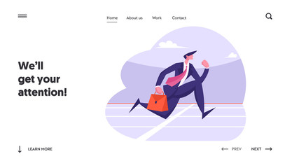 Successful Leader Business Man Character Running Sprint Race Website Landing Page. Businessman Crossing Finish Line. Leadership Competition Challenge Web Page Banner. Cartoon Flat Vector Illustration