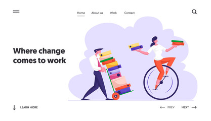 Business Man Pushing Trolley with Huge Heap of Documentation Following Woman Riding Monowheel with Folders Files in Office Website Landing Page. Web Page Banner. Cartoon Flat Vector Illustration © Anna Syvak