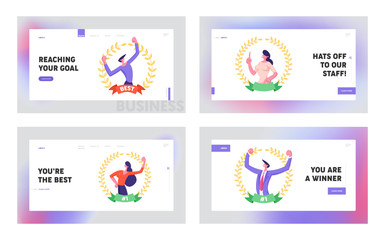 Business People Best Worker Website Landing Page Set. Businessman Woman Demonstrate Muscles Inside of Gold Award Wreath with Ribbon. Successful Result Web Page Banner. Cartoon Flat Vector Illustration