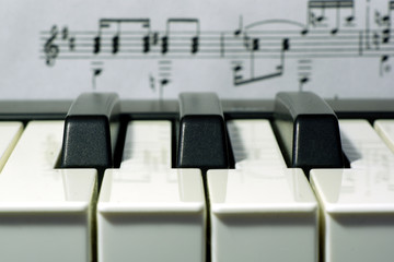Fototapeta na wymiar Three black keys of music keyboard with music notes on background macro view, selective focus