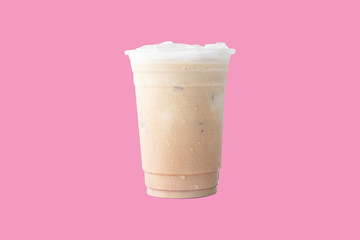 Iced or frappe coffee cup on glass cup isolated on pink pastel background
