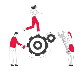 Team Working Process Concept. Tiny Business People Men and Women Generating Ideas Set in Motion and Grease with Oil Huge Gears and Cogwheels, Alternative Thinking, Cartoon Flat Vector Illustration