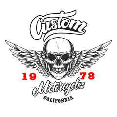 Custom motorcycles .Poster template with winged skull. Design element for poster, flyer, card, banner. Vector illustration