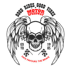 Fototapeta premium Custom motorcycles .Poster template with winged skull. Design element for poster, flyer, card, banner. Vector illustration