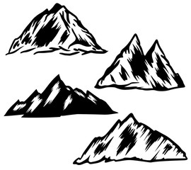 Set of hand drawn mountain illustrations. Design element for poster, emblem, sign, logo, label. Vector illustration