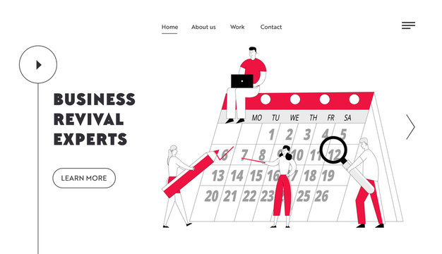 Time Management Website Landing Page. Businesspeople Team at Calendar Make Schedule of Affairs for Month, Work Planning Events, Business Meetings Web Page Banner. Cartoon Flat Vector Illustration