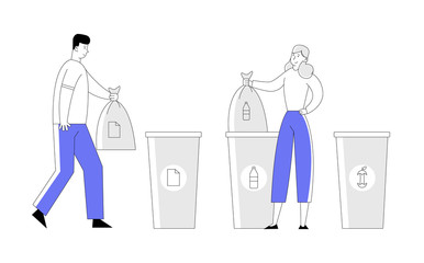Man and Woman Throw Trash into Recycling Containers and Bags. People Recycle Garbage, Environmental Pollution Problem, Ecology Protection, Reduce Plastic Cartoon Flat Vector Illustration, Line Art
