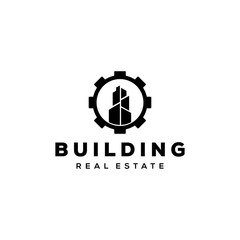 Illustration abstract gear sign with high building real estate logo design