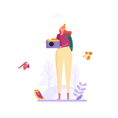 Birding, bird watching, eco tourism concept. Woman with camera take photo birds on white background. Vector illustration in flat cartoon design