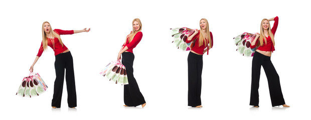 Young woman in flared pants isolated on white